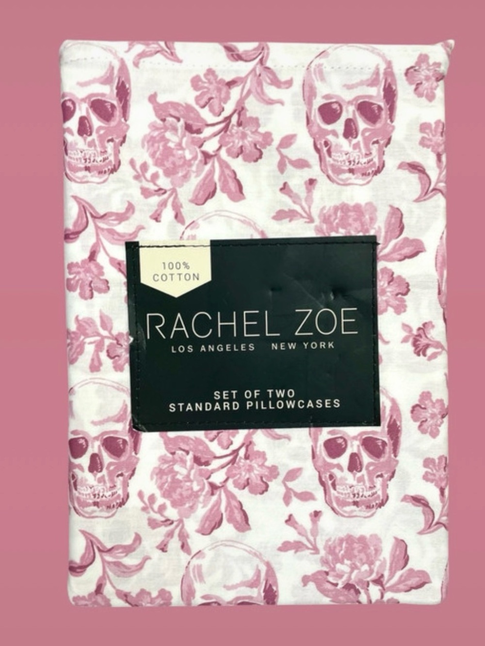 Rachel Zoe Halloween Standard Pillowcase Set 2-ct White Pink Skulls Floral Goth